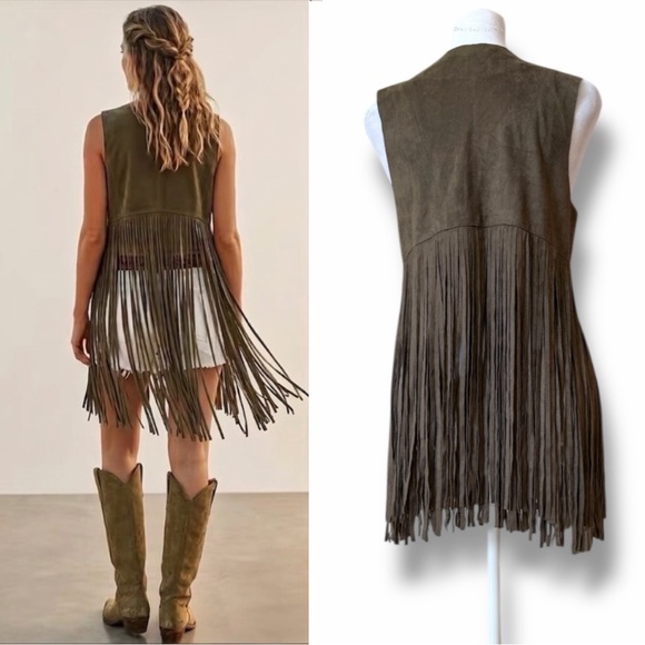 FATE Woodstock Olive Green Faux Suede Fringe Vest Western Festival Boho  Small - Picture 2 of 12